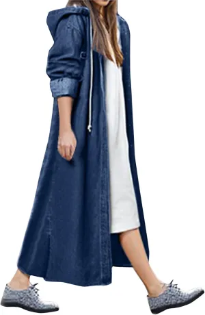 Hooded Outwear Long Casual Denim Women Long Overcoat Jacket Coat Jean Sleeve Women's Blouse Womens Casual Button up