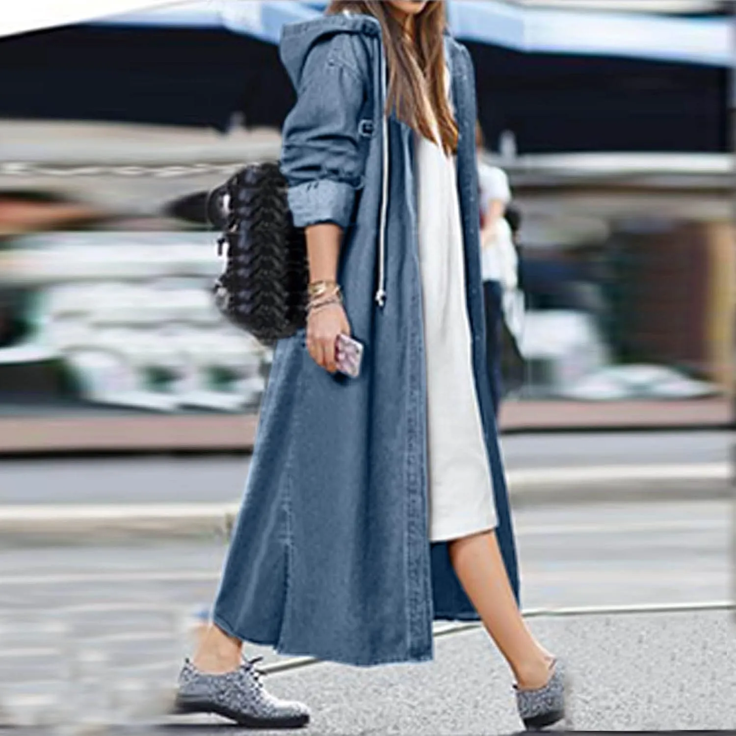 Hooded Outwear Long Casual Denim Women Long Overcoat Jacket Coat Jean Sleeve Women's Blouse Womens Casual Button up
