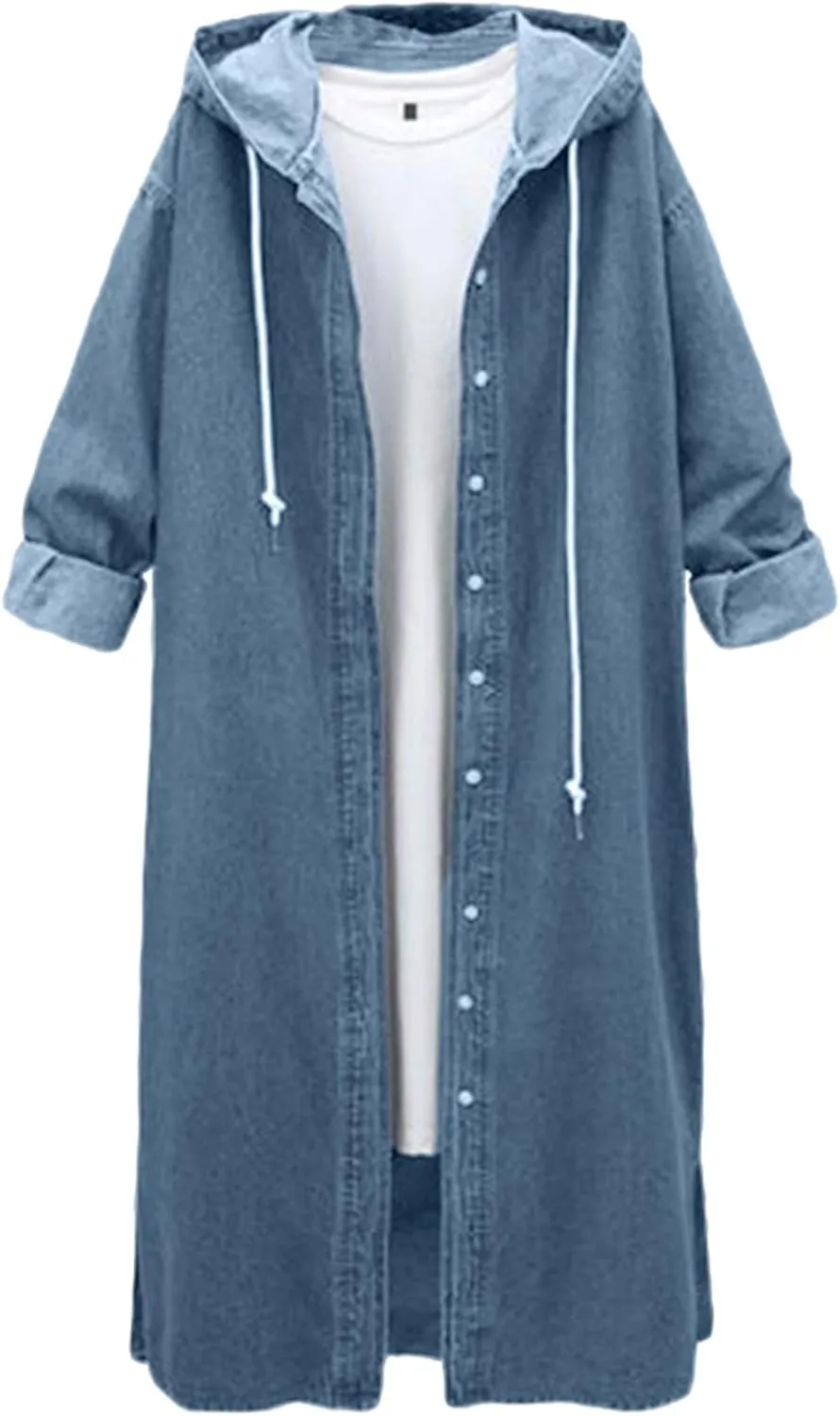Hooded Outwear Long Casual Denim Women Long Overcoat Jacket Coat Jean Sleeve Women's Blouse Womens Casual Button up