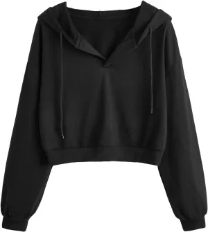 Hoodies For Women Long Sleeves Crew Neck Solid Color Drawstring Hood Cropped Hoodies Fashion Pullover Tops