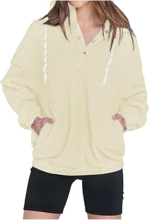 Hoodies For Women Spring Casual Half Button Drawstring Pullover Sweatshirt Long Sleeve Pocketed Shirts With Pockets