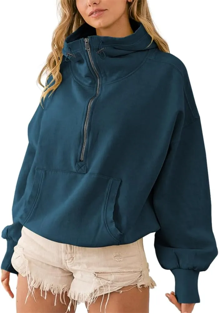 HOULENGS Women's Casual Half Zip Up Hooded Sweatshirt Long Sleeve Drawstring Pullover Sweatshirt with Pocket