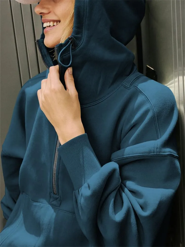 HOULENGS Women's Casual Half Zip Up Hooded Sweatshirt Long Sleeve Drawstring Pullover Sweatshirt with Pocket