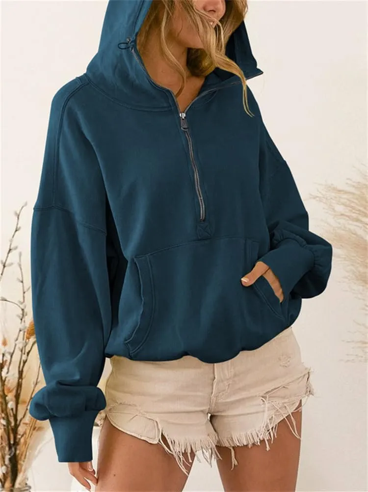 HOULENGS Women's Casual Half Zip Up Hooded Sweatshirt Long Sleeve Drawstring Pullover Sweatshirt with Pocket