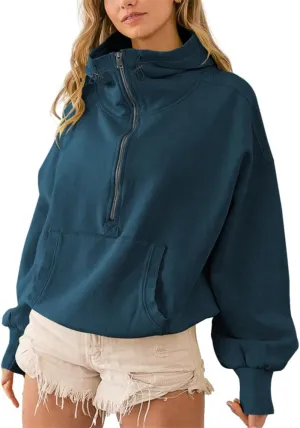 HOULENGS Women's Casual Half Zip Up Hooded Sweatshirt Long Sleeve Drawstring Pullover Sweatshirt with Pocket