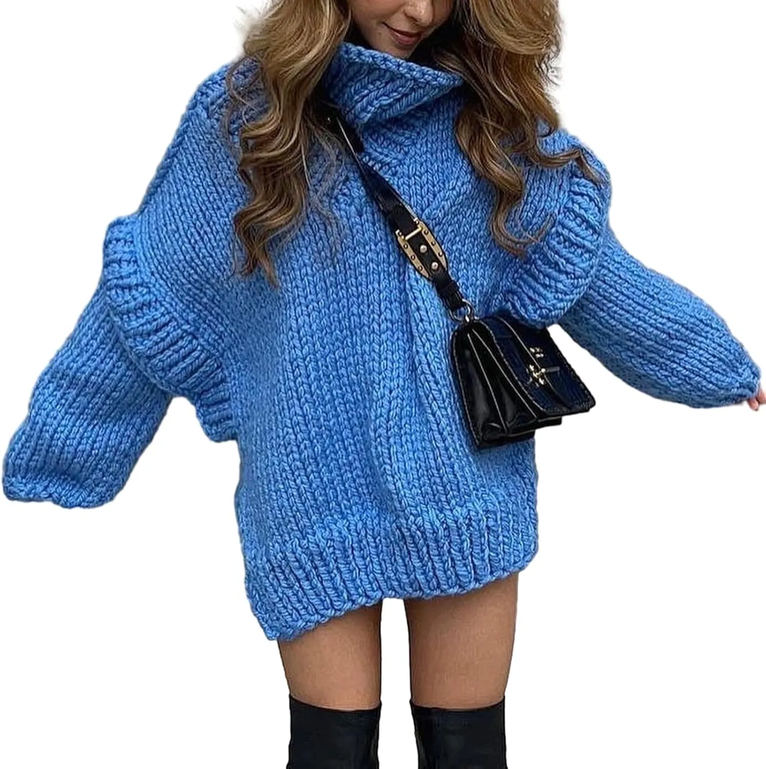 HOULENGS Women's Vintage Long Sleeve Turtleneck Sweater Chunky Knit Oversized Pullover Tops