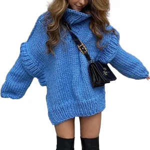 HOULENGS Women's Vintage Long Sleeve Turtleneck Sweater Chunky Knit Oversized Pullover Tops