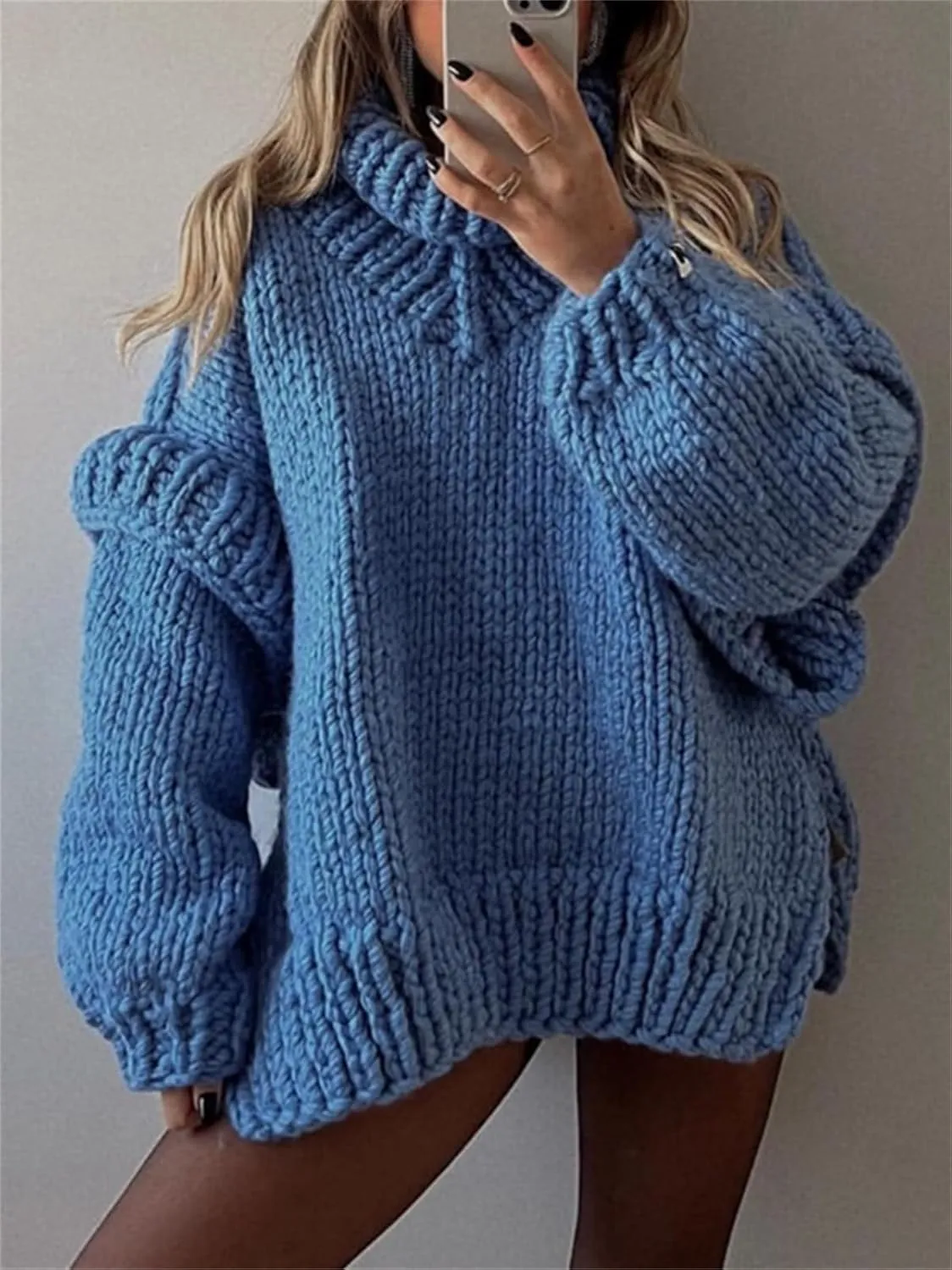HOULENGS Women's Vintage Long Sleeve Turtleneck Sweater Chunky Knit Oversized Pullover Tops