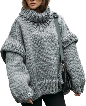 HOULENGS Women's Vintage Long Sleeve Turtleneck Sweater Chunky Knit Oversized Pullover Tops