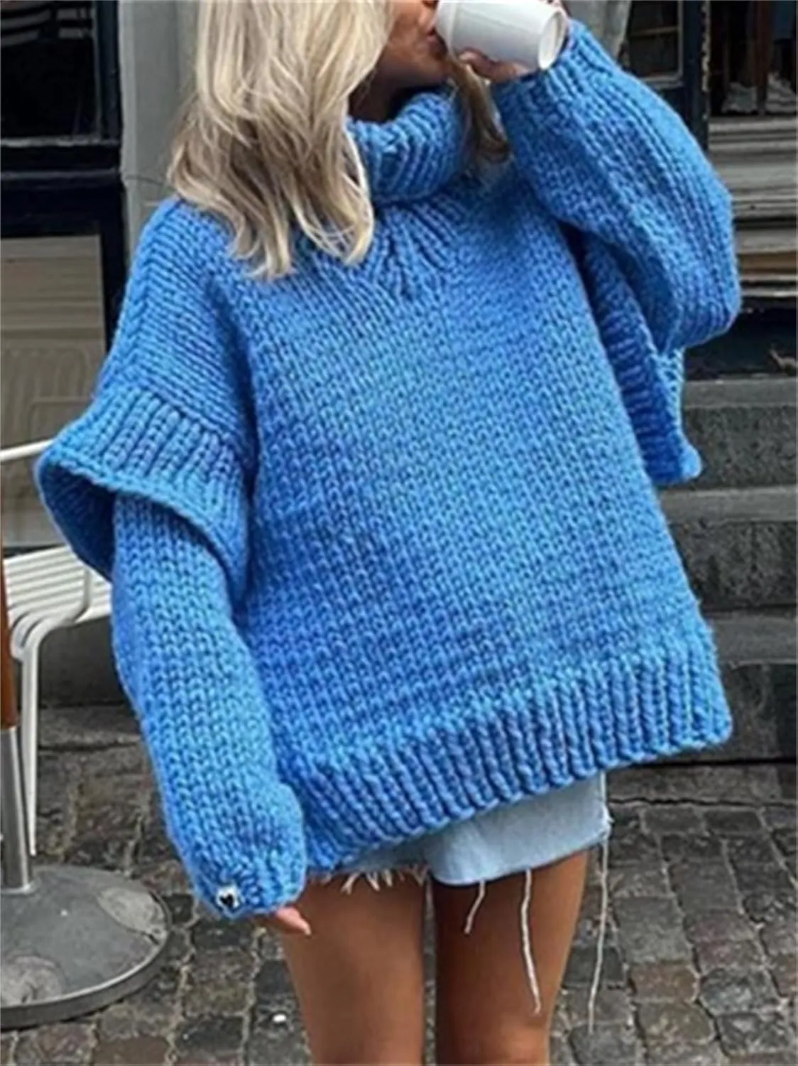 HOULENGS Women's Vintage Long Sleeve Turtleneck Sweater Chunky Knit Oversized Pullover Tops