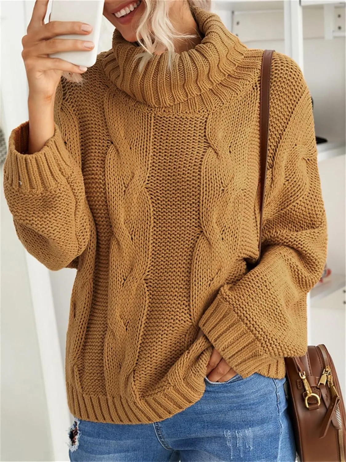 HOULENGS Women's Winter Long Sleeve Turtleneck Sweater Oversized Chunky Knitted Pullover Tops
