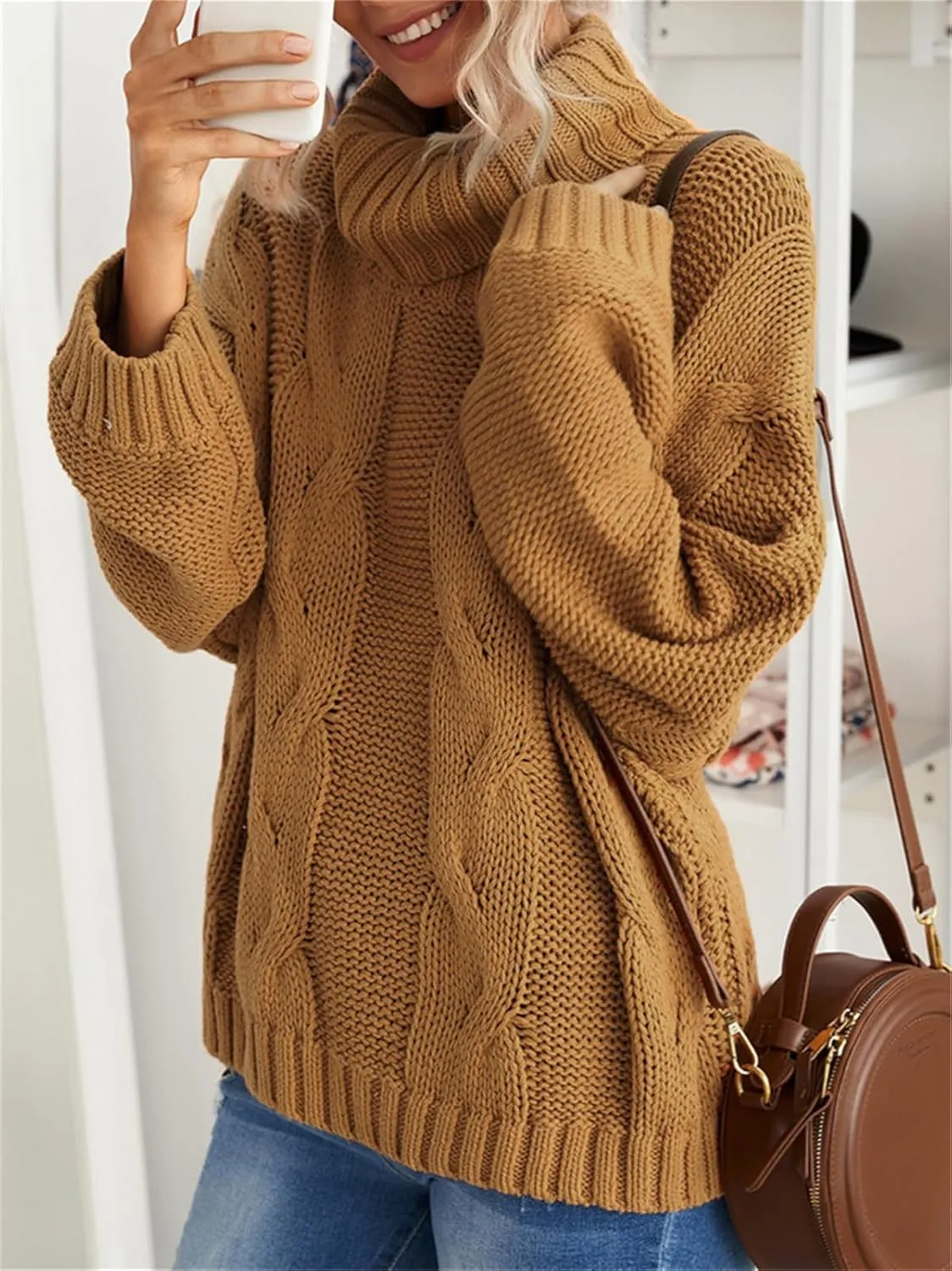 HOULENGS Women's Winter Long Sleeve Turtleneck Sweater Oversized Chunky Knitted Pullover Tops