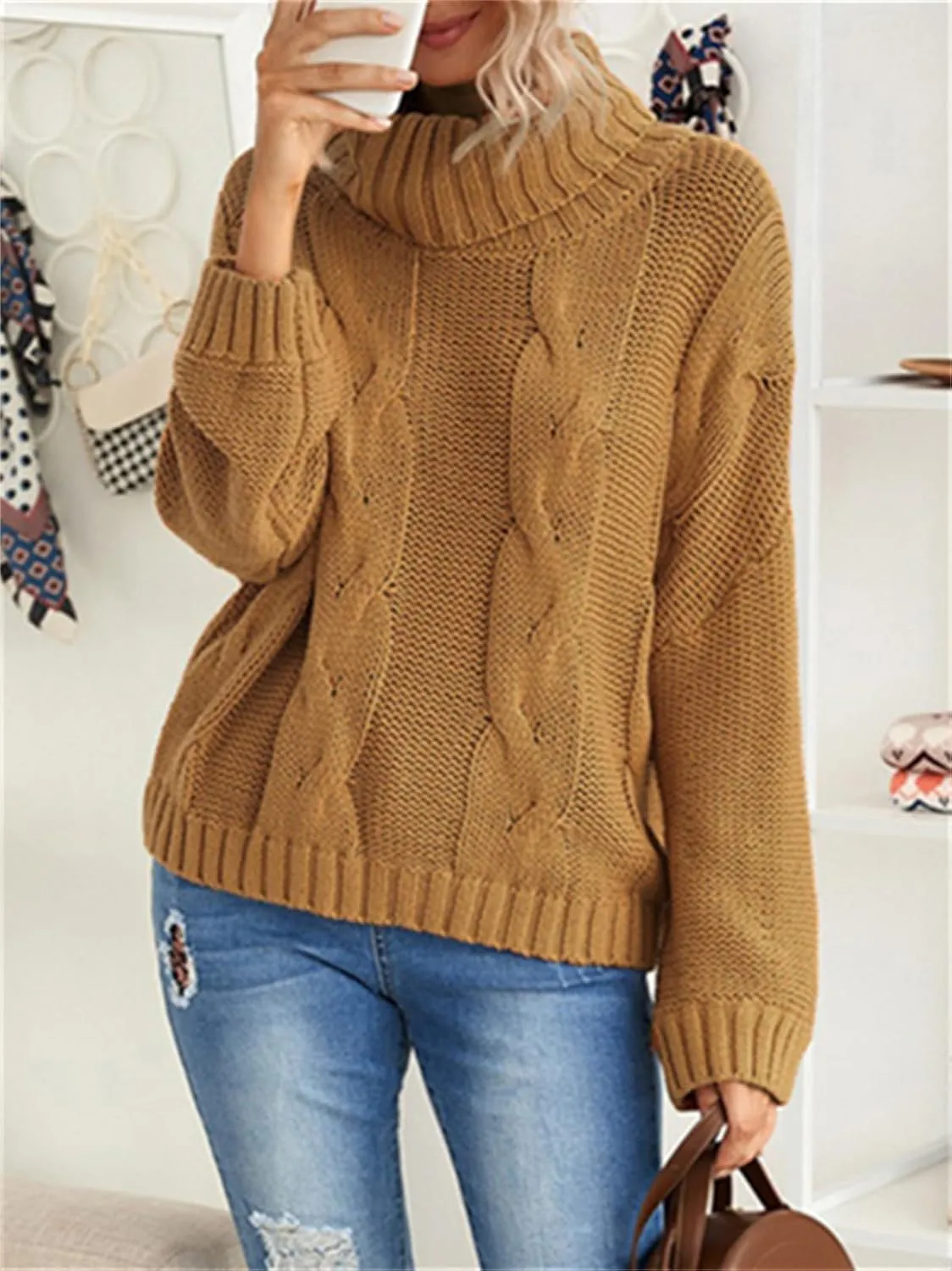 HOULENGS Women's Winter Long Sleeve Turtleneck Sweater Oversized Chunky Knitted Pullover Tops