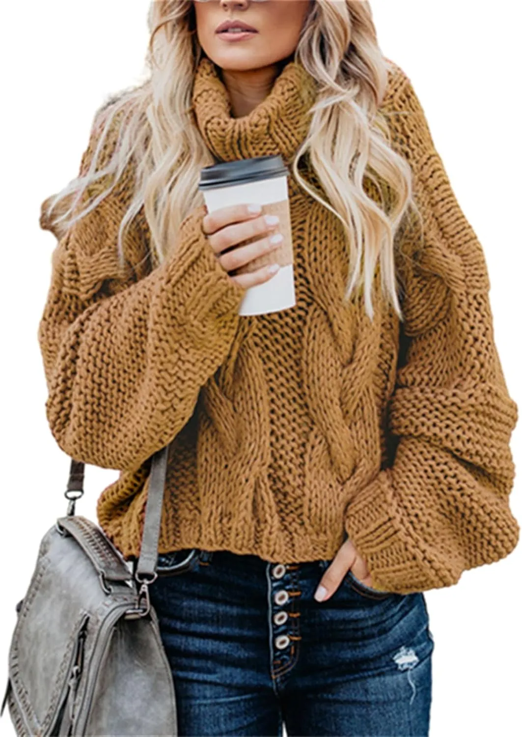 HOULENGS Women's Winter Long Sleeve Turtleneck Sweater Oversized Chunky Knitted Pullover Tops