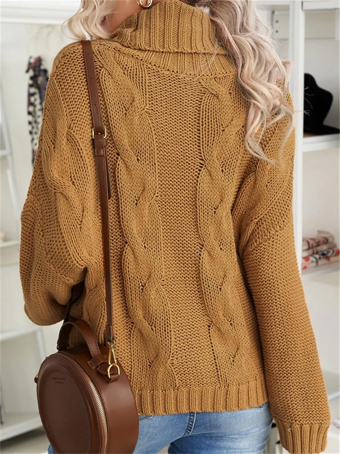 HOULENGS Women's Winter Long Sleeve Turtleneck Sweater Oversized Chunky Knitted Pullover Tops