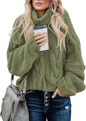 HOULENGS Women's Winter Long Sleeve Turtleneck Sweater Oversized Chunky Knitted Pullover Tops