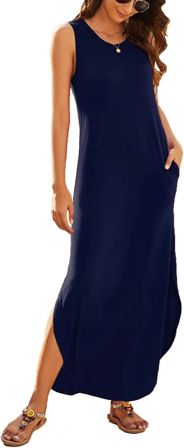Hount Women's Casual Summer Sleeveless Dress Loose Split Maxi Dresses with Pockets