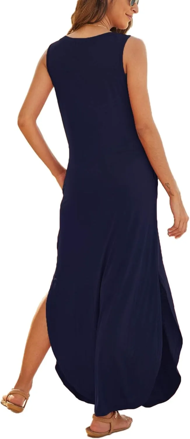 Hount Women's Casual Summer Sleeveless Dress Loose Split Maxi Dresses with Pockets