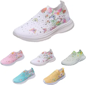 Hrtesus Women's Flower Rhinestone Sock Comfortable Slip On Sports Sneakers, Slip On Knitted Sock Sneakers with Arch Support Walking Shoes