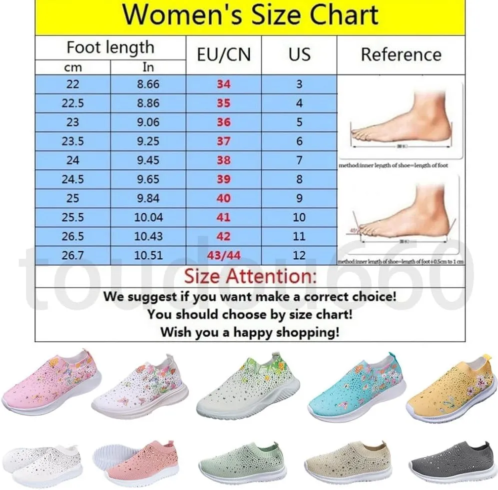 Hrtesus Women's Flower Rhinestone Sock Comfortable Slip On Sports Sneakers, Slip On Knitted Sock Sneakers with Arch Support Walking Shoes
