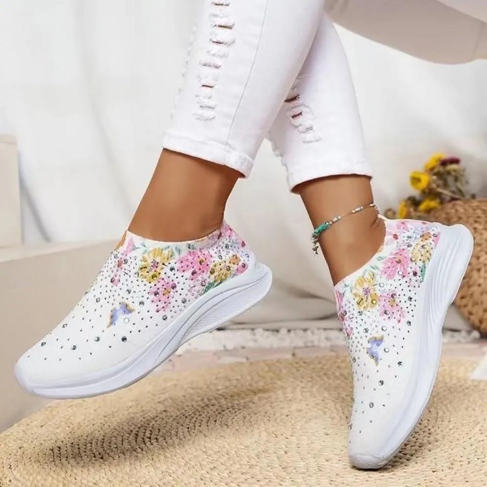 Hrtesus Women's Flower Rhinestone Sock Comfortable Slip On Sports Sneakers, Slip On Knitted Sock Sneakers with Arch Support Walking Shoes