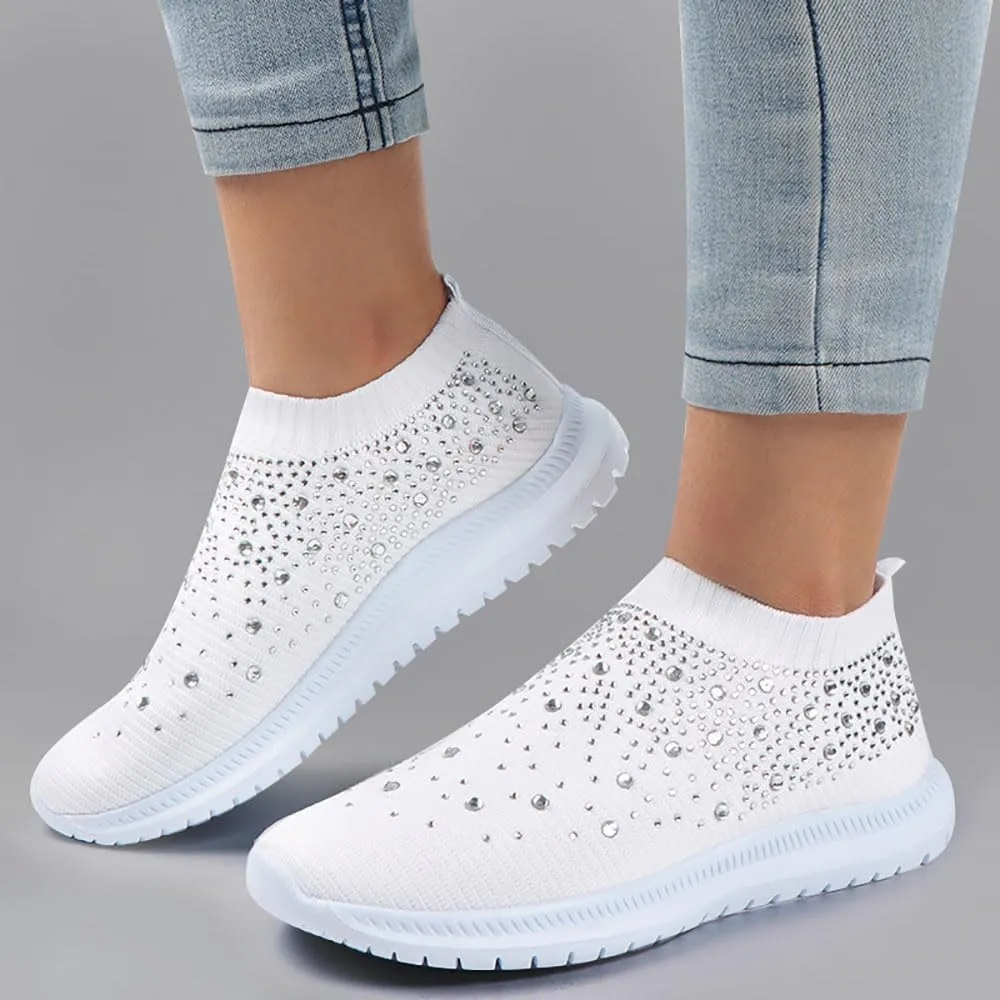 Hrtesus Women's Flower Rhinestone Sock Comfortable Slip On Sports Sneakers, Slip On Knitted Sock Sneakers with Arch Support Walking Shoes