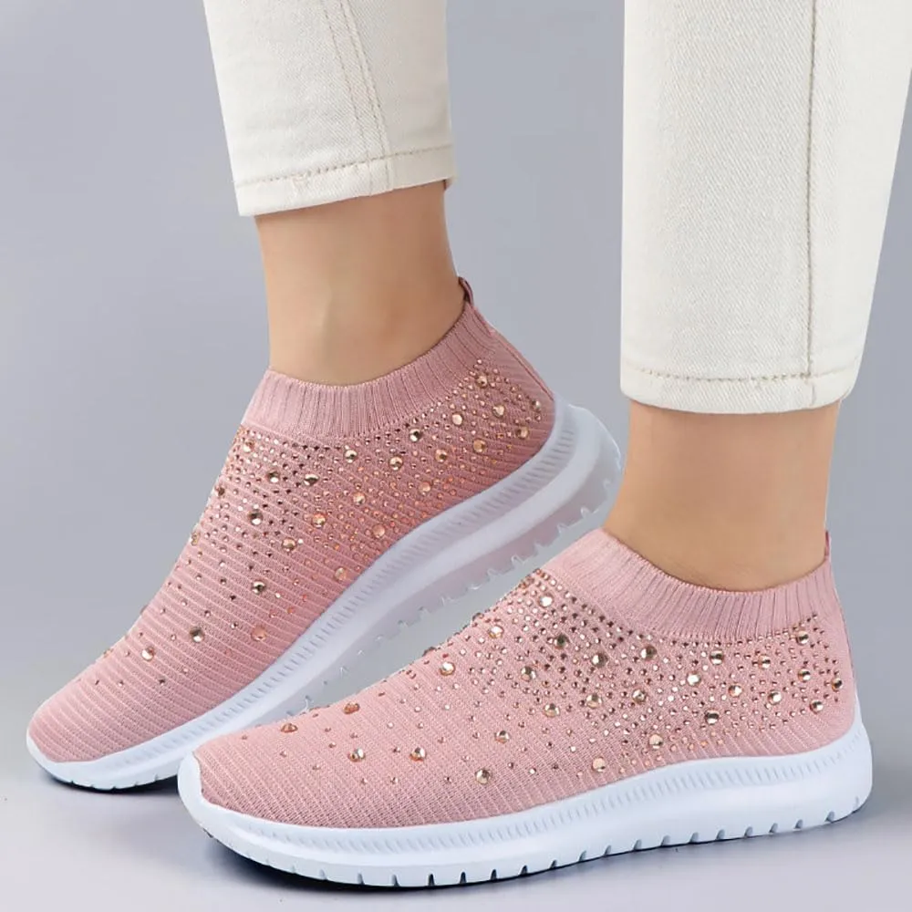 Hrtesus Women's Flower Rhinestone Sock Comfortable Slip On Sports Sneakers, Slip On Knitted Sock Sneakers with Arch Support Walking Shoes
