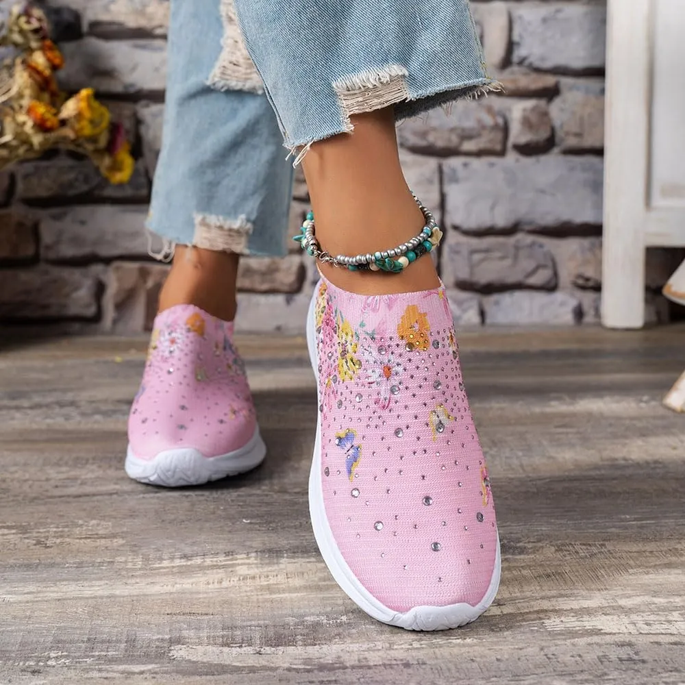 Hrtesus Women's Flower Rhinestone Sock Comfortable Slip On Sports Sneakers, Slip On Knitted Sock Sneakers with Arch Support Walking Shoes