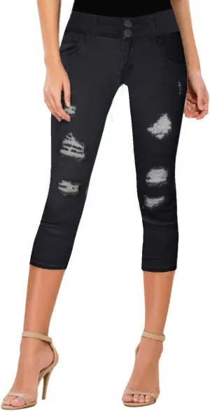 Hybrid & Company Women's Super Comfy Stretch Destructed Denim Bermuda Shorts Capri