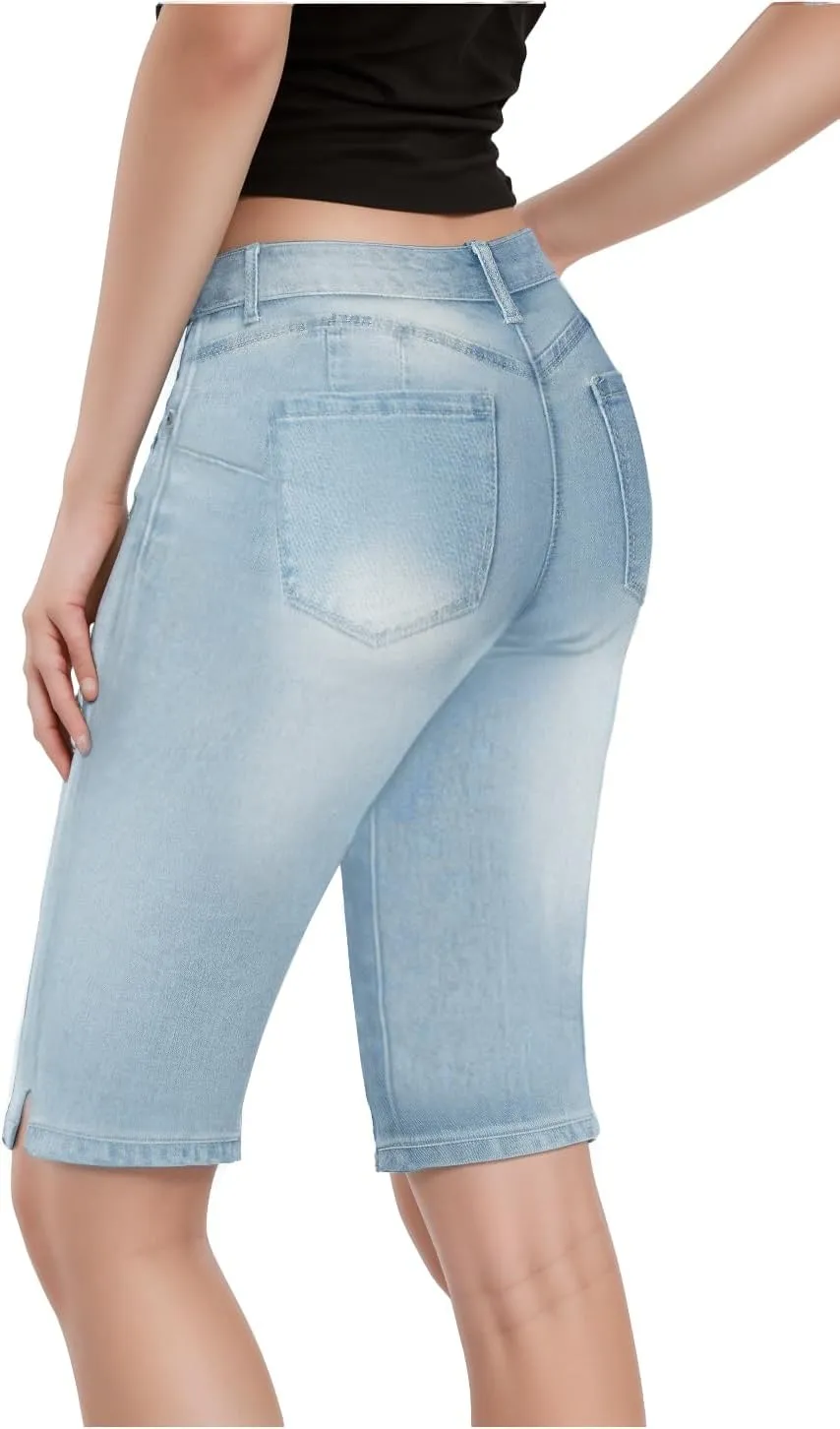 Hybrid & Company Women's Super Comfy Stretch Destructed Denim Bermuda Shorts Capri