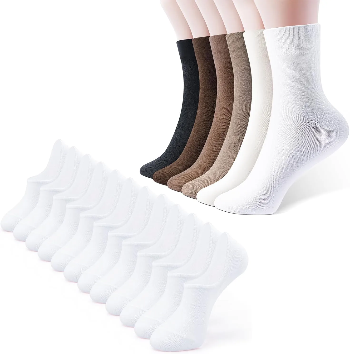 IDEGG Women's 6 Pairs No Show & Crew Socks - Black, White - Small (US Women 5-8.5, Men 3-4) - Casual - 24 Count