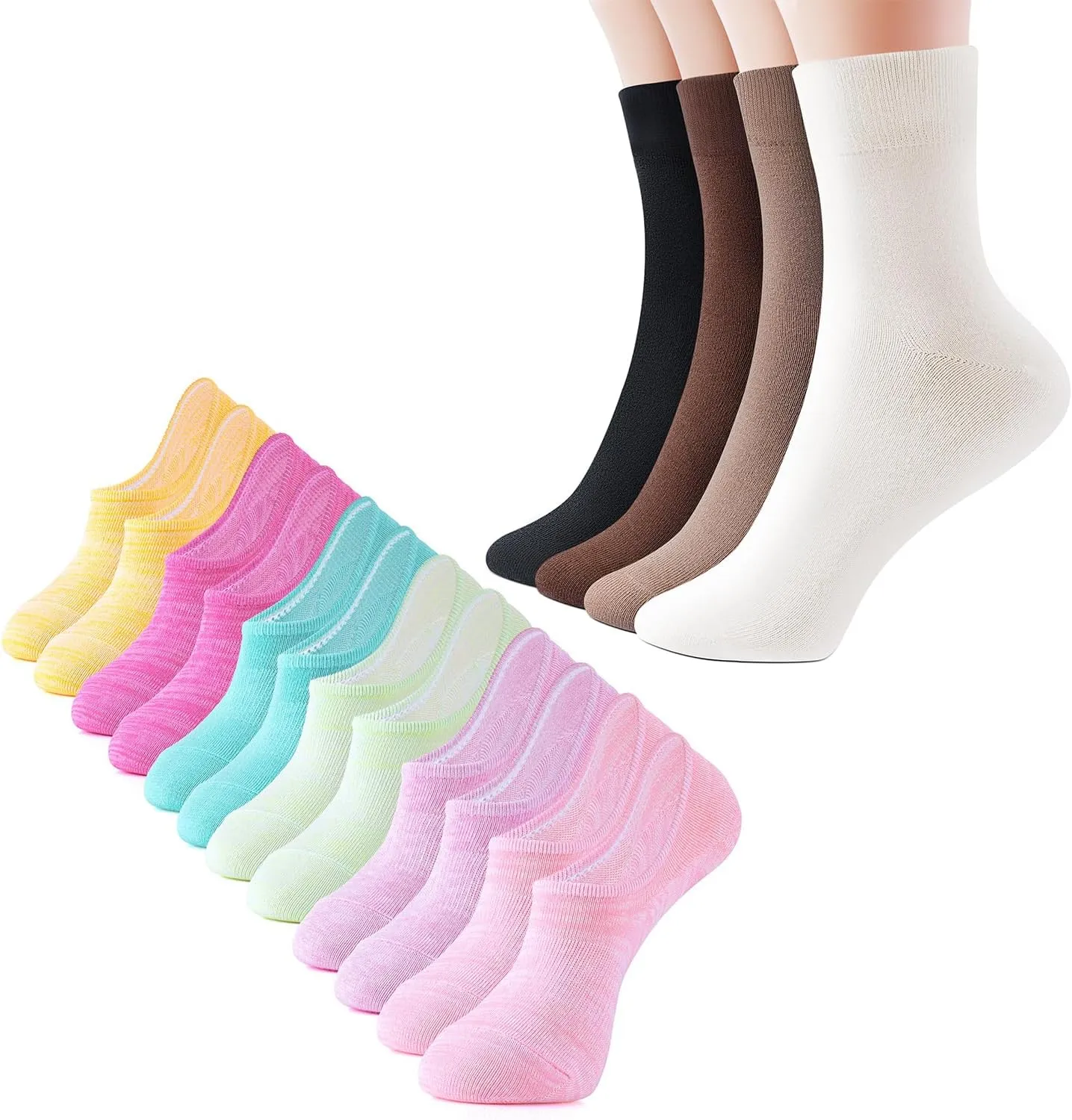 IDEGG Women's 6 Pairs No Show Socks & 4 Pairs Crew Socks (Solid, Round Toe, Unisex, Small, 14 Count)