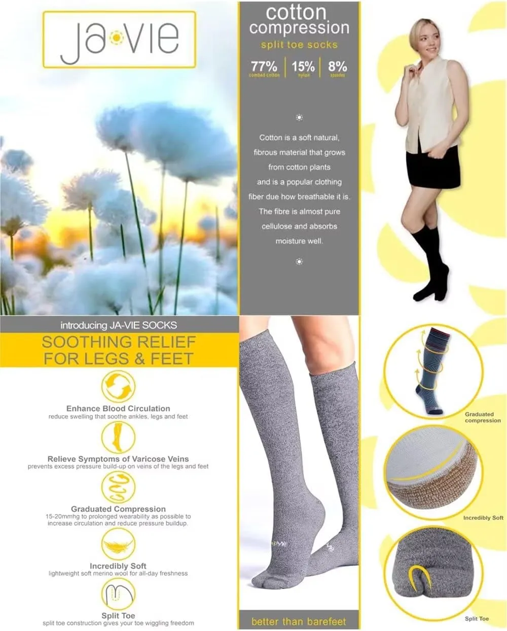 ja vie JAVIE Cotton Comfy Flip Flop Tabi Socks Split Toe for Women & Men, Compression Socks Knee High Stocking (15-20 mmHg)