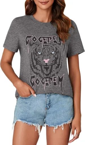 KIFOVEN Women's Graphic Tees Casual Animal Tiger Printed Vintage Tops Short Sleeve Cotton Summer T-Shirt