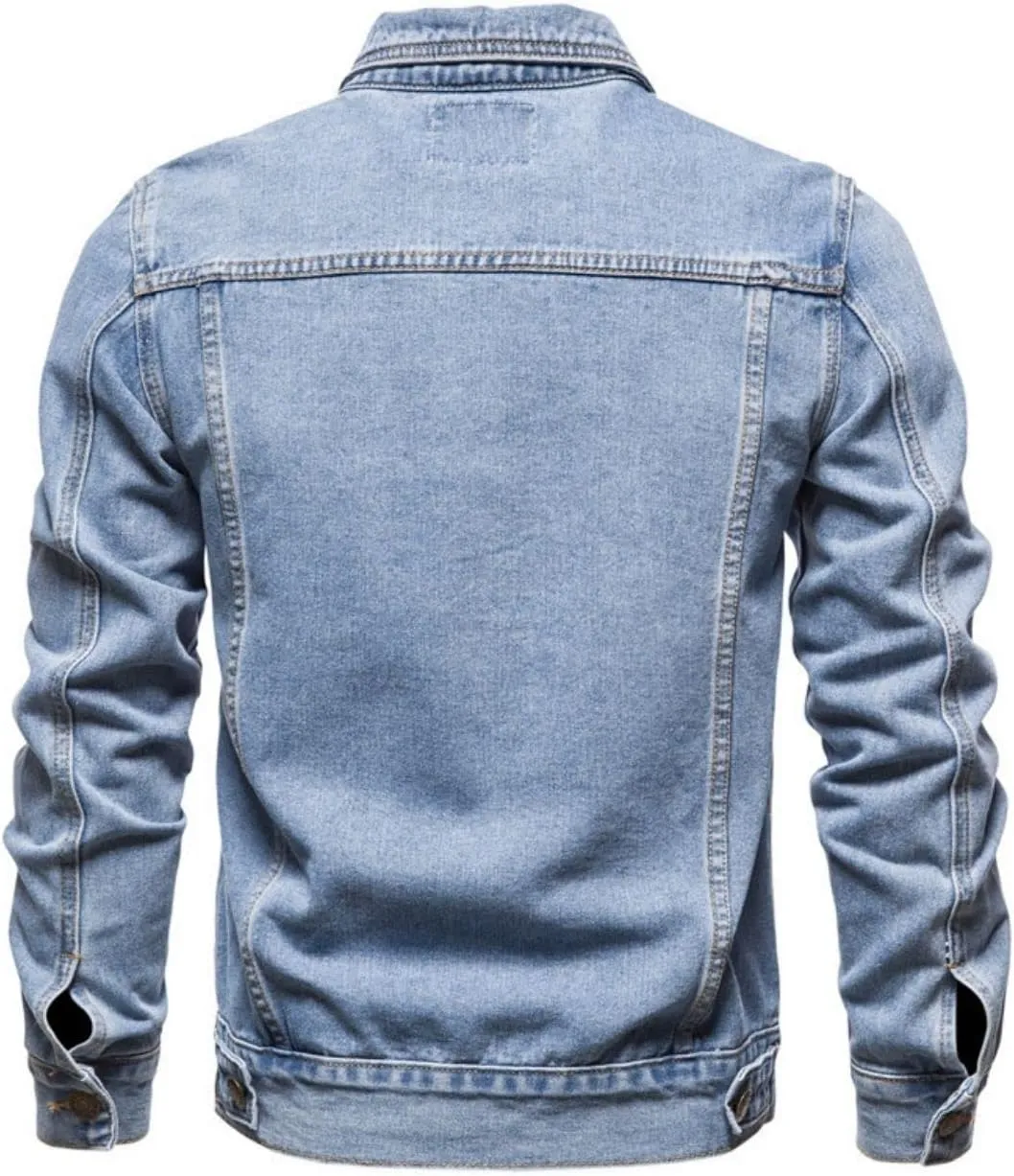 Kinkia Men's Classic Slim Denim Jacket Washed Casual Long Sleeve Button Lapel Trucker Jean Coat