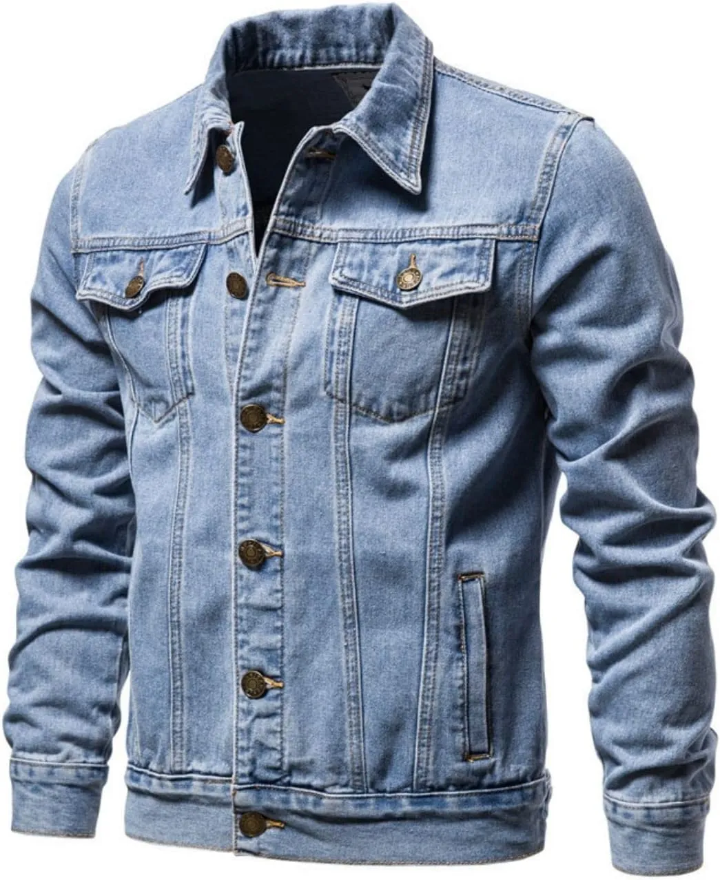 Kinkia Men's Classic Slim Denim Jacket Washed Casual Long Sleeve Button Lapel Trucker Jean Coat