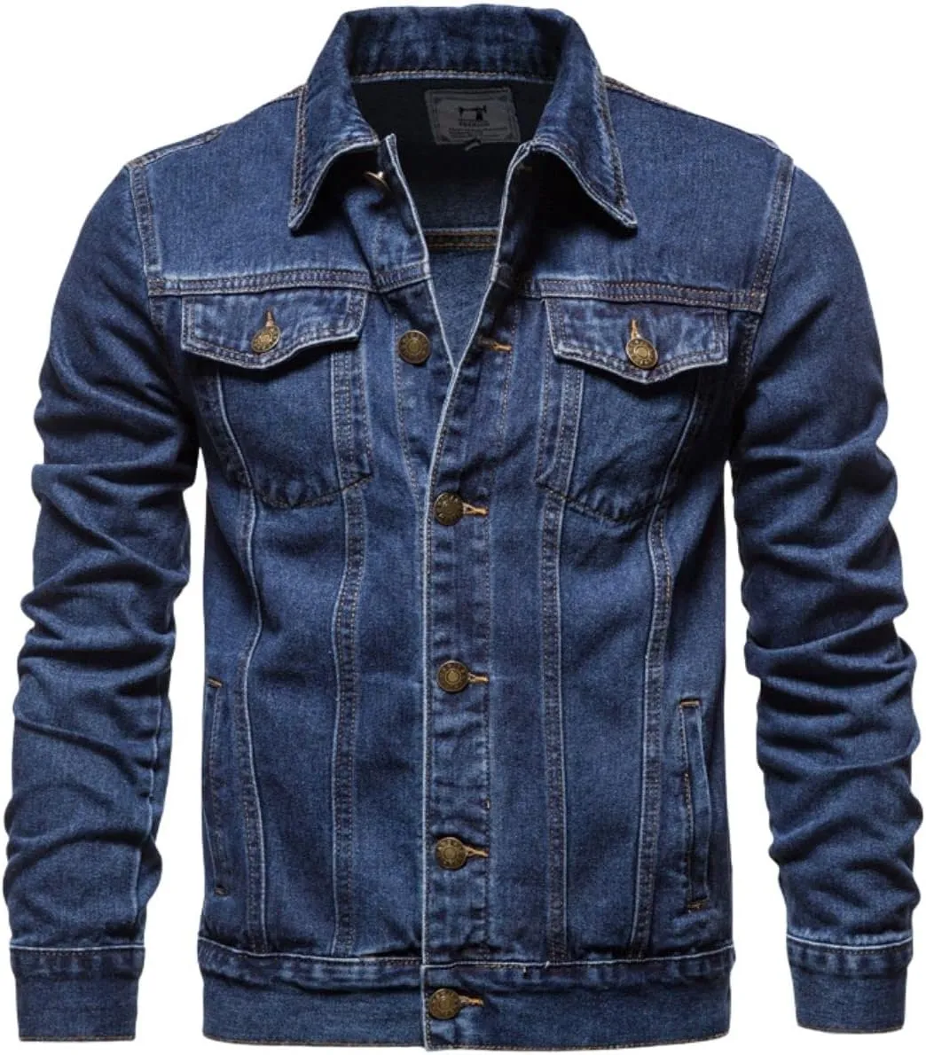 Kinkia Men's Classic Slim Denim Jacket Washed Casual Long Sleeve Button Lapel Trucker Jean Coat