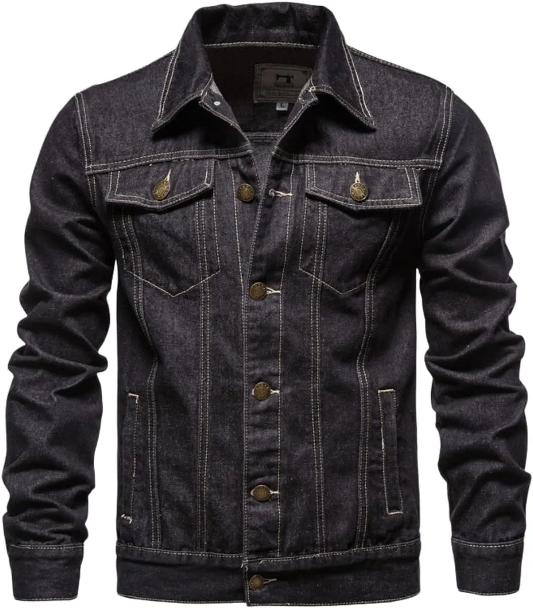 Kinkia Men's Classic Slim Denim Jacket Washed Casual Long Sleeve Button Lapel Trucker Jean Coat