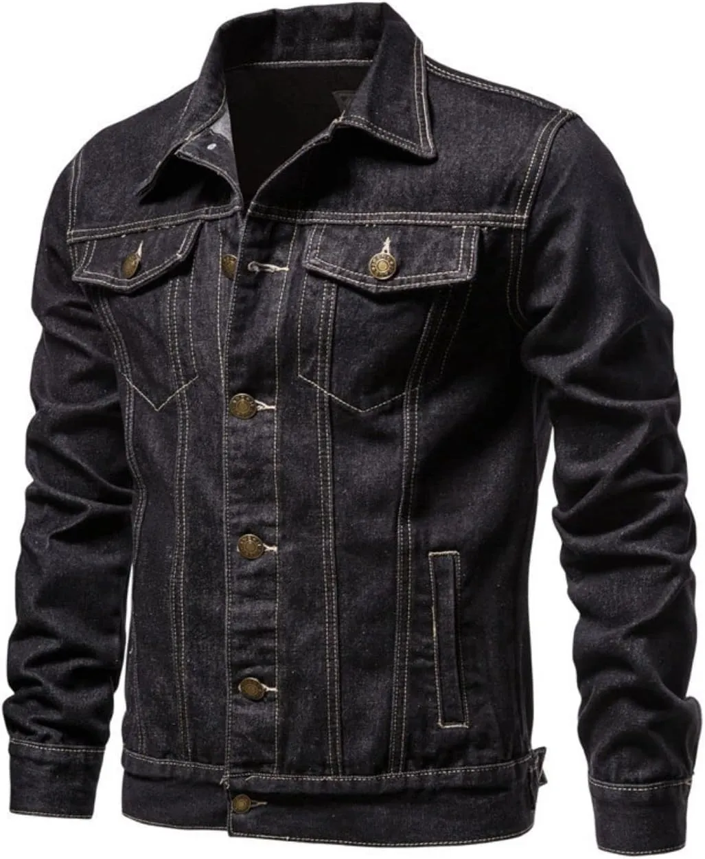 Kinkia Men's Classic Slim Denim Jacket Washed Casual Long Sleeve Button Lapel Trucker Jean Coat