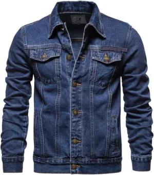 Kinkia Men's Classic Slim Denim Jacket Washed Casual Long Sleeve Button Lapel Trucker Jean Coat