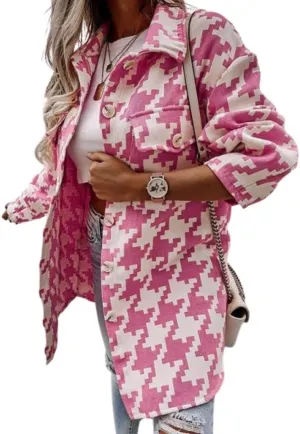 Kinkia Women's Houndstooth Wool Blend Coat Turn Down Collar Long-Sleeved Plaid Shirt Jacket
