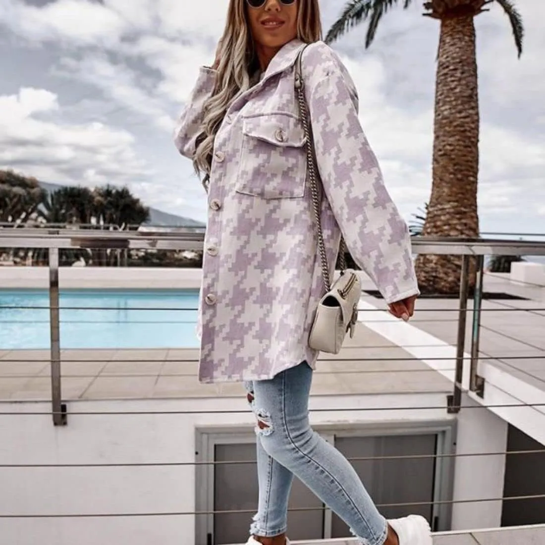 Kinkia Women's Houndstooth Wool Blend Coat Turn Down Collar Long-Sleeved Plaid Shirt Jacket