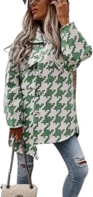Kinkia Women's Houndstooth Wool Blend Coat Turn Down Collar Long-Sleeved Plaid Shirt Jacket