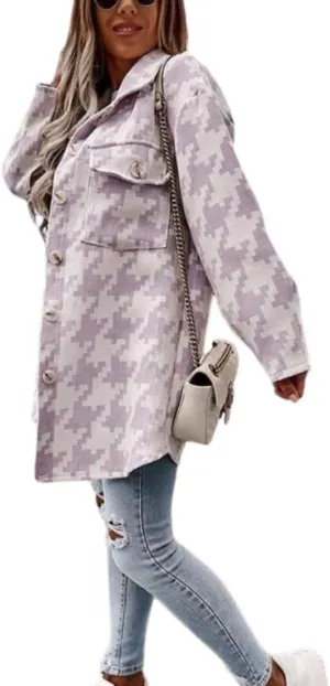 Kinkia Women's Houndstooth Wool Blend Coat Turn Down Collar Long-Sleeved Plaid Shirt Jacket