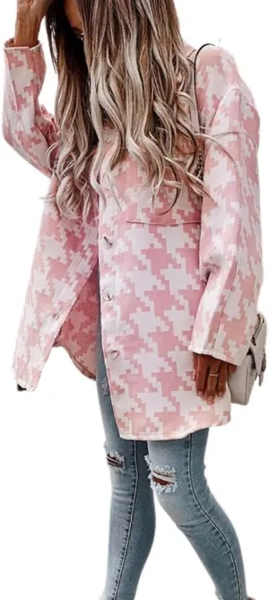 Kinkia Women's Houndstooth Wool Blend Coat Turn Down Collar Long-Sleeved Plaid Shirt Jacket