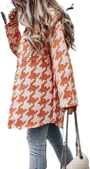 Kinkia Women's Houndstooth Wool Blend Coat Turn Down Collar Long-Sleeved Plaid Shirt Jacket