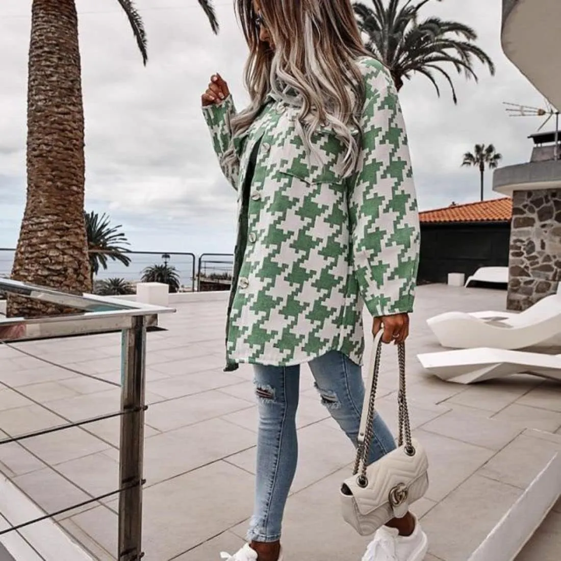 Kinkia Women's Houndstooth Wool Blend Coat Turn Down Collar Long-Sleeved Plaid Shirt Jacket