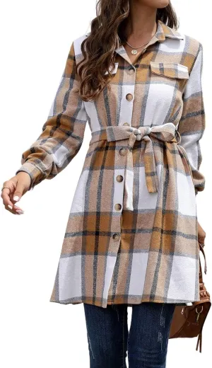 Kwoki Women's Wool Blend Plaid Pea Coat Classic Button Down Long Sleeve Shirt Dress with Belt