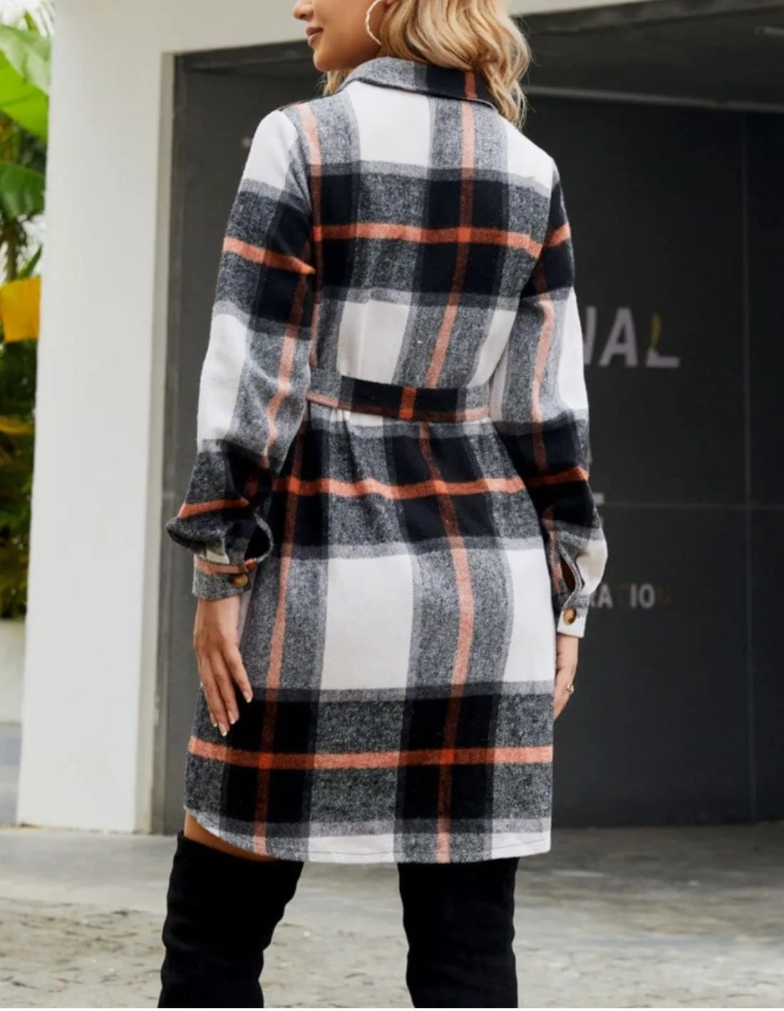 Kwoki Women's Wool Blend Plaid Pea Coat Classic Button Down Long Sleeve Shirt Dress with Belt