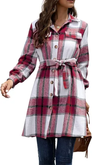 Kwoki Women's Wool Blend Plaid Pea Coat Classic Button Down Long Sleeve Shirt Dress with Belt